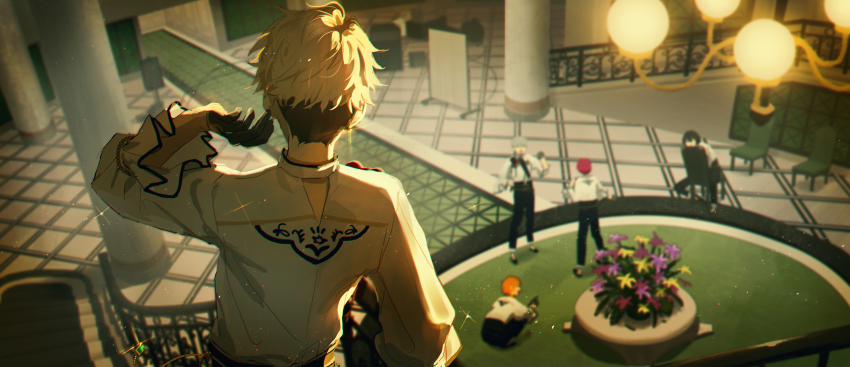 5boys adjusting_earrings against_railing black_gloves blonde_hair bloom blurry chandelier chromatic_aberration depth_of_field earrings ensemble_stars! frilled_sleeves frills from_above from_behind gloves half_gloves hand_up highres indoors interior jewelry knights_(ensemble_stars!) light_particles mansion mezzanine multiple_boys narukami_arashi omegu on_chair parted_hair perspective pillar plant potted_plant railing sakuma_ritsu sena_izumi_(ensemble_stars!) shirt short_hair sidelighting sitting sitting_backwards squatting stairs suou_tsukasa tile_floor tiles tsukinaga_leo undercut white_shirt wide_shot