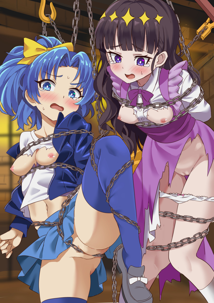 2girls arms_at_sides arms_up ass bdsm belly blue_eyes blue_hair blue_jacket blue_panties blue_skirt blue_thighhighs blunt_bangs blush bondage bound bound_arms bound_legs bound_together bound_torso bow bow_panties bowtie breasts breasts_out censored chain clothes_lift collared_shirt commission crotch_rope delicious_party_precure dress dungeon embarrassed female_focus gluteal_fold hair_ornament high_ponytail highres jacket kasai_amane kneehighs layered_dress leg_up legs long_hair long_sleeves looking_ahead looking_at_viewer looking_down medium_breasts medium_hair messy_hair midriff midriff_peek miniskirt mosaic_censoring multiple_girls navel nervous nervous_smile nervous_sweating nipples nipples_visible_through_shirt no_panties open_mouth panties panties_around_leg pantyshot pelvic_curtain perky_breasts pink_bow pixiv_commission pleated_skirt ponytail precure purple_bow purple_bowtie purple_dress purple_eyes purple_hair pussy restrained shimouki_izui shirt shoes sidelocks skin_tight skindentation skirt skirt_lift smile socks stomach straight_hair striped_clothes striped_panties struggling suspended_congress suspension sweat sweatdrop tategami_aoi thigh_gap thighhighs thighs tiara tongue torn_clothes torn_dress torn_shirt underwear upskirt white_dress white_panties white_shirt white_socks
