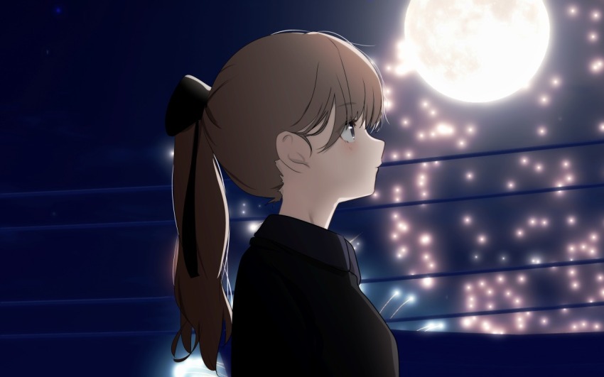 1girl alternate_costume black_ribbon black_shirt black_sweater blush bow brown_hair closed_mouth collared_shirt dress expressionless from_side full_moon grey_eyes hair_bow hair_ribbon lapwing_(vrchat) long_hair looking_afar looking_up moon night night_sky outdoors ponytail profile railing ribbon shirt sky solo suzuki-shi sweater upper_body vrchat