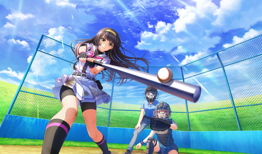 3girls ball baseball baseball_(object) baseball_bat baseball_field baseball_glove baseball_uniform belt belt_buckle belt_pouch bike_shorts_under_skirt black_belt black_footwear black_gloves black_hair black_pouch black_shorts black_socks black_undershirt blue_shirt blunt_bangs buckle catcher&#039;s_mask catcher_(baseball) chain-link_fence chest_protector cinderella_series closed_mouth cloud contrail fence fingerless_gloves from_below game_cg gloves green_hair grey_pants hachigatsu_no_cinderella_nine hairband highres holding holding_baseball_bat light_rays long_hair looking_at_object metal_baseball_bat multiple_girls neckerchief non-web_source official_art open_mouth outdoors pants pink_neckerchief playing_sports pleated_skirt pouch purple_hair satogahama_baseball_uniform shin_guards shirt shirt_under_shirt short_sleeves shorts skirt sky socks sportswear standing striped_belt striped_clothes striped_shirt sunbeam sunlight tsukishima_yui_(hachigatsu_no_cinderella_nine) umpire v-shaped_eyebrows vertical-striped_clothes vertical-striped_shirt wristband yellow_eyes yellow_hairband