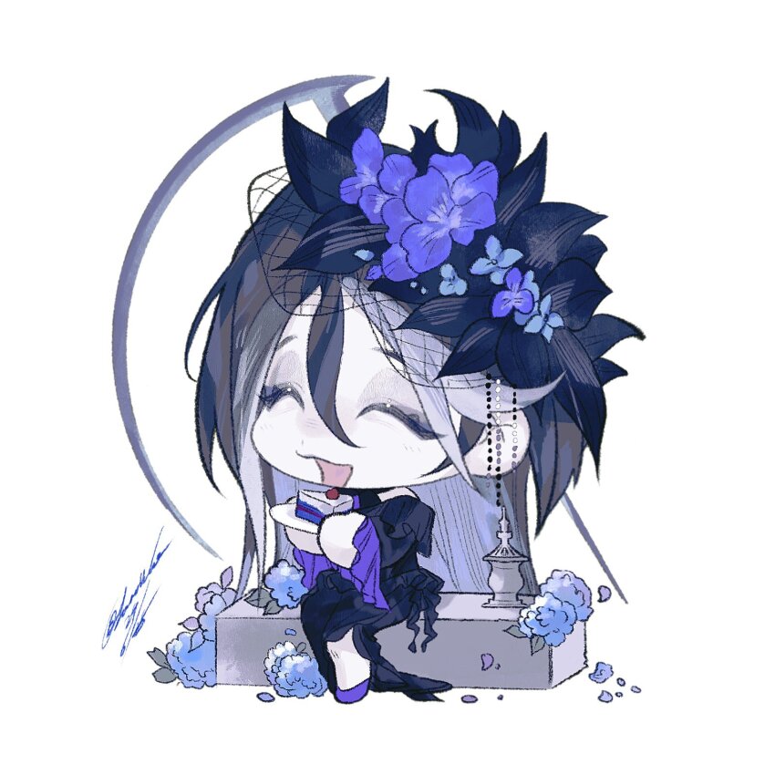 adela_(path_to_nowhere) cake chibi closed_eyes cooolunati0904 dress flower food full_body hair_flower hair_ornament happy highres multicolored_hair pale_skin path_to_nowhere short_hair signature sitting smile streaked_hair veil