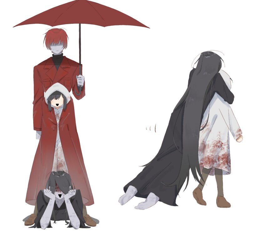 1girl 2boys black_hair black_kimono blood blood_on_clothes blood_on_face chinese_commentary coat commentary_request heroine_(homicipher) highres holding holding_umbrella homicipher japanese_clothes kimono long_hair mr._crawling mr._scarletella multiple_boys multiple_views raincoat red_coat red_hair red_umbrella shared_clothes shared_coat short_hair simple_background standing stomach umbrella very_long_hair walking white_background white_raincoat you_niao