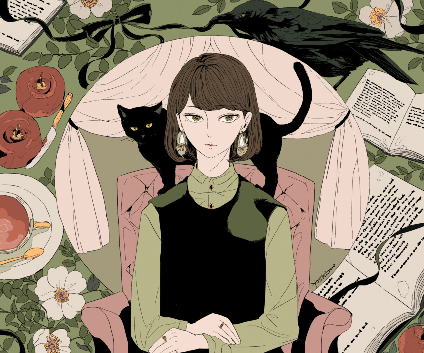 1girl bird black_cat book brown_hair camellia cat crow dress flower gghost0627 green_shirt green_theme hazel_eyes highres jewelry open_book original pinafore_dress plant shirt sitting sleeveless sleeveless_dress surreal symbolism tagme