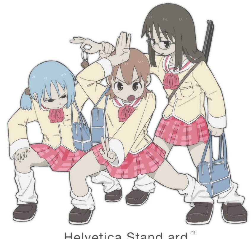 3girls aioi_yuuko bag blue_hair bow bowtie brown_eyes brown_footwear brown_hair cube_hair_ornament english_text female_focus fubarmoe full_body glass hair_ornament hand_on_own_head hand_on_own_knee helvetica_std highres holding holding_another&#039;s_wrist holding_bag long_hair long_sleeves looking_at_another looking_at_viewer looking_to_the_side loose_socks minakami_mai multiple_girls naganohara_mio nichijou one_side_up parody plaid_clothes plaid_skirt pleated_skirt red_bow red_bowtie red_skirt sailor_collar school_bag school_uniform shirt short_hair simple_background skirt socks v white_background white_socks yellow_shirt