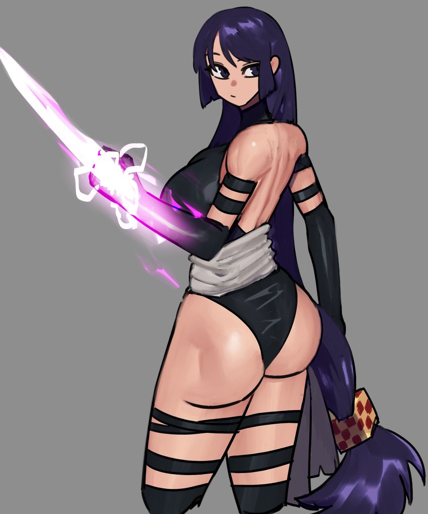 1girl absurdres ass back black_leotard commission cosplay elbow_gloves energy energy_sword energy_weapon fate/grand_order fate_(series) gloves glowing glowing_sword glowing_weapon highleg highleg_leotard highres huge_ass leotard long_hair low-tied_long_hair mano_(manobece) marvel minamoto_no_raikou_(fate) psylocke psylocke_(cosplay) purple_eyes purple_hair sword thigh_strap very_long_hair weapon wrist_blade x-men