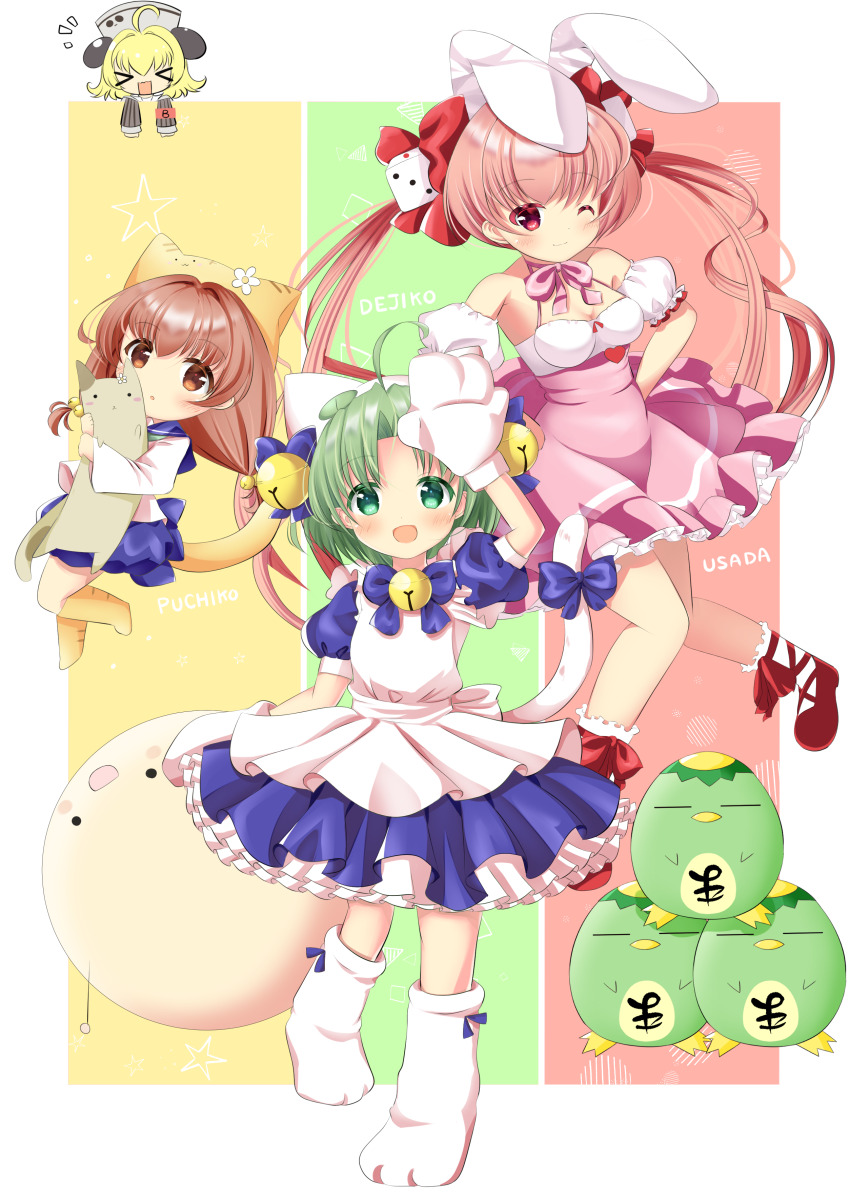 &gt;_&lt; 4girls absurdres ahoge animal_ears animal_hat apron arm_up breasts brown_hair cat_hat character_name cleavage dejiko di_gi_charat dice_hair_ornament dress gema green_eyes green_hair hair_ornament hajime_yo hat highres hokke_mirin majin_gappa multiple_girls panda_ears pink_dress pink_hair piyoko puchiko red_shoes shoes usada_hikaru white_apron
