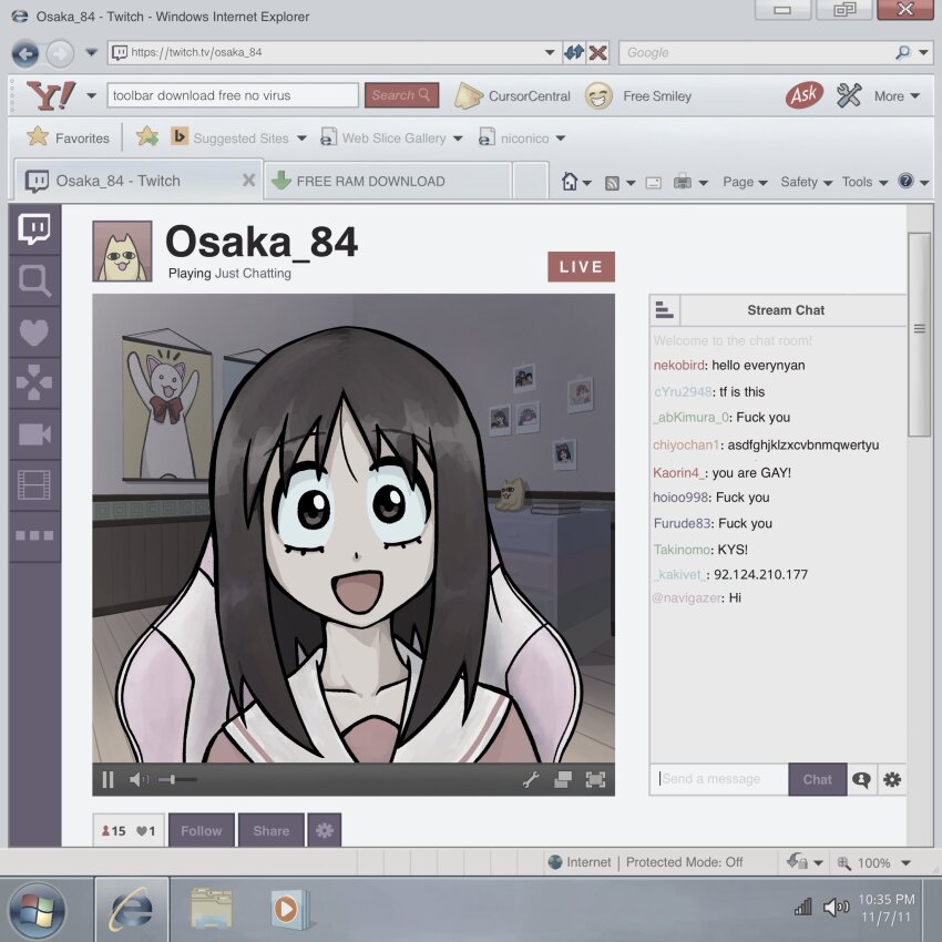 1girl azumanga_daioh&#039;s_school_uniform azumanga_daiou black_eyes black_hair chair commentary english_commentary english_text fake_screenshot gaming_chair highres internet_explorer kasuga_ayumu microsoft_windows mihama_chiyo mihama_chiyo&#039;s_father navigazer open_mouth photo_(object) sakaki_(azumanga_daioh) school_uniform serafuku smile solo swivel_chair twitch.tv windows_7 yahoo!