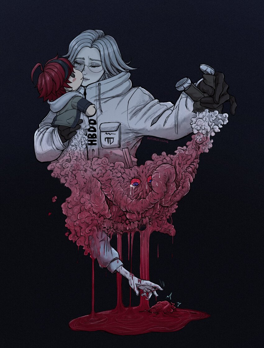 absurdres aotsuki_eito black_background black_gloves black_hair blood body_horror chibi closed_eyes crying eyelashes glasses gloves gradient_background hand_up highres holding_chibi kiss long_sleeves multicolored_hair outstretched_arm parted_lips pool_of_blood red_hair simple_background sumino_takumi tears the_hundred_line_-last_defense_academy- white_hair yaoi