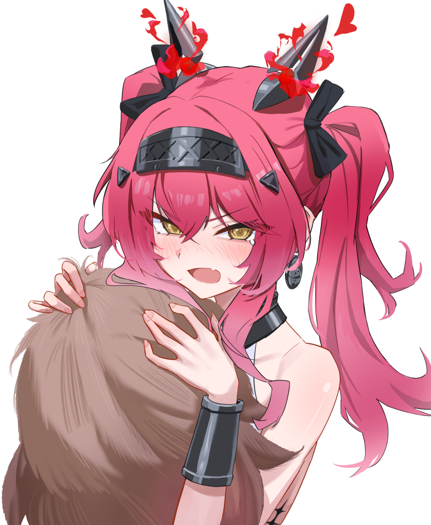 1girl bare_shoulders black_bow blush bow brown_tail commentary_request earrings hair_bow hair_ornament hairband highres horns jewelry long_hair looking_at_viewer lupa_(wuthering_waves) metal_hairband open_mouth pink_hair simple_background solo tacet_mark_(wuthering_waves) upper_body v-shaped_eyebrows wesly2300 white_background wrist_guards wuthering_waves yellow_eyes