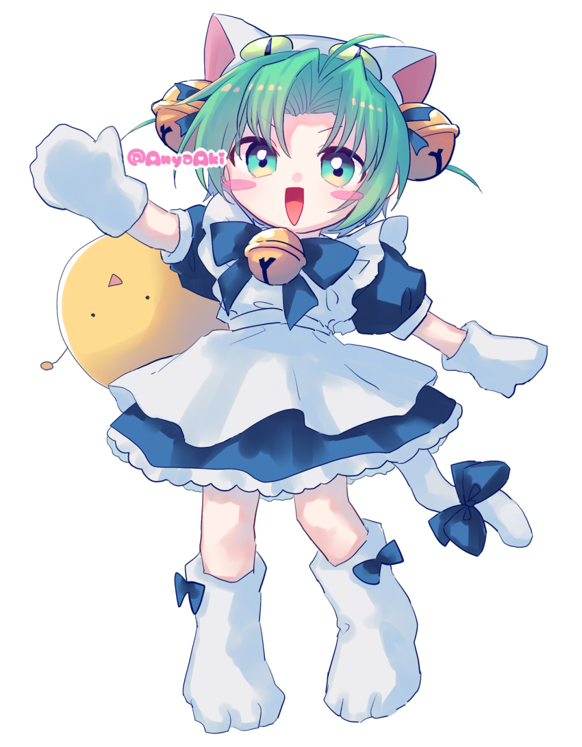 1girl ahoge animal_hat anyaaki ascot bell blue_dress blue_ribbon blush_stickers bow cat_hat cat_tail curtained_hair dejiko di_gi_charat dress full_body gema green_hair grey_hair hat highres jingle_bell mittens open_mouth ribbon solo tail tail_bow tail_ornament white_ascot white_mittens