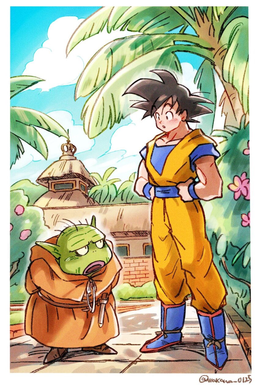 2boys black_eyes black_hair boots cloud crossover dougi dragon_ball dragon_quest dragon_quest_viii dragonball_z full_body highres looking_at_another multiple_boys muscular muscular_male open_mouth palm_tree short_hair son_goku spiked_hair tree trode wakana_0125