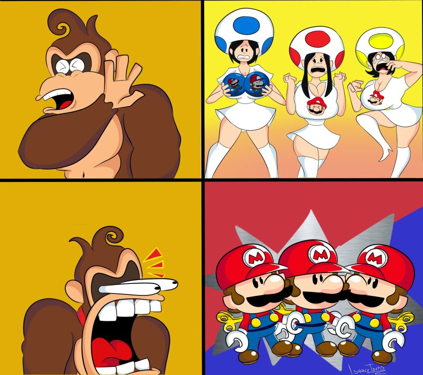 1boy 3girls anna_mizuhara aya_kanai ayano_yoshikawa black_hair breasts cleavage donkey_kong donkey_kong_(series) gorilla highres huge_breasts isaaco large_breasts mario mario_(series) mario_vs._donkey_kong meme mini_mario miniskirt multiple_girls nintendo short_hair skirt teeth toad_(mario) toad_girl_(mario_vs._donkey_kong_japanese_commercial) toy
