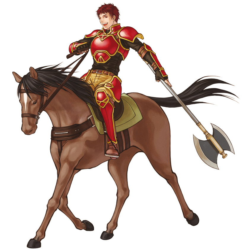 1boy armor axe fire_emblem fire_emblem:_path_of_radiance highres holding holding_weapon horse kieran_(fire_emblem) kita_senri looking_at_viewer male_focus nintendo official_art open_mouth pauldrons red_armor red_eyes red_hair riding shoulder_armor simple_background solo weapon white_background