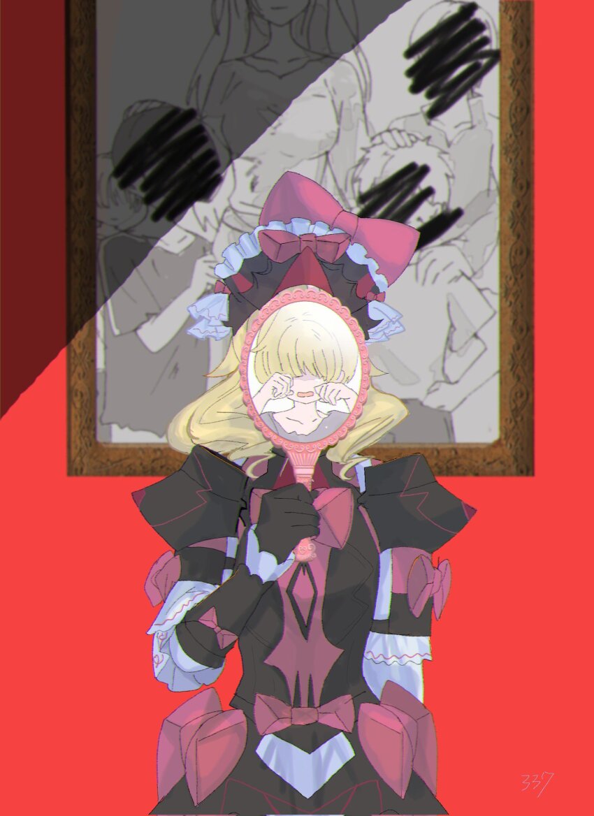 1girl armor black_armor blonde_hair facing_viewer family_portrait fire_emblem fire_emblem_engage frilled_headwear highres marni_(fire_emblem) nintendo open_mouth red_armor sasaki_(dkenpisss) two-tone_headwear