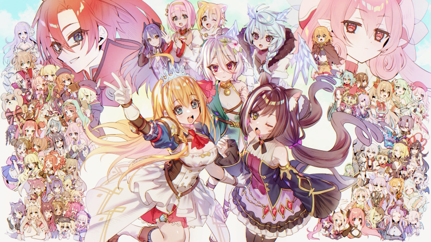 1boy 6+girls akari_(princess_connect!) akino_(princess_connect!) anna_(princess_connect!) aoi_(princess_connect!) aoi_(transfer_student)_(princess_connect!) ayane_(princess_connect!) ayumi_(princess_connect!) bare_shoulders blonde_hair book breasts butterfly_mask cape character_request chieru_(princess_connect!) chika_(princess_connect!) chloe_(princess_connect!) christina_(princess_connect!) closed_mouth creditta_(princess_connect!) eriko_(princess_connect!) everyone fang flaming_skull flower food gloves green_eyes green_hair hair_between_eyes hair_flower hair_ornament hatsune_(princess_connect!) here_(hr_rz_ggg) highres hiyori_(princess_connect!) homare_(princess_connect!) illya_(princess_connect!) inori_(princess_connect!) io_(princess_connect!) jun_(princess_connect!) karin_(princess_connect!) karyl_(princess_connect!) kasumi_(princess_connect!) kaya_(princess_connect!) kokkoro_(princess_connect!) kuka_(princess_connect!) kurumi_(princess_connect!) kyoka_(princess_connect!) labyrista_(princess_connect!) lima_(princess_connect!) looking_at_viewer mahiru_(princess_connect!) maho_(princess_connect!) makoto_(princess_connect!) mask matsuri_(princess_connect!) mifuyu_(princess_connect!) mimi_(princess_connect!) misaki_(princess_connect!) misato_(princess_connect!) misogi_(princess_connect!) mitsuki_(princess_connect!) miyako_(princess_connect!) monika_weisswind muimi_(princess_connect!) multiple_girls nanaka_(princess_connect!) navel neneka_(princess_connect!) ninon_(princess_connect!) nozomi_(princess_connect!) one_eye_closed pecorine_(princess_connect!) pink_hair pointy_ears princess_connect! pudding ranpha_(princess_connect!) rei_(princess_connect!) rin_(princess_connect!) rino_(princess_connect!) ruka_(princess_connect!) saren_(princess_connect!) sheffy_(princess_connect!) shinobu_(princess_connect!) shiori_(princess_connect!) shizuru_(princess_connect!) skin_fang skull smile suzume_(princess_connect!) suzuna_(princess_connect!) tamaki_(princess_connect!) tomo_(princess_connect!) tsumugi_(princess_connect!) yori_(princess_connect!) yui_(princess_connect!) yukari_(princess_connect!) yuki_(princess_connect!) yuni_(princess_connect!)