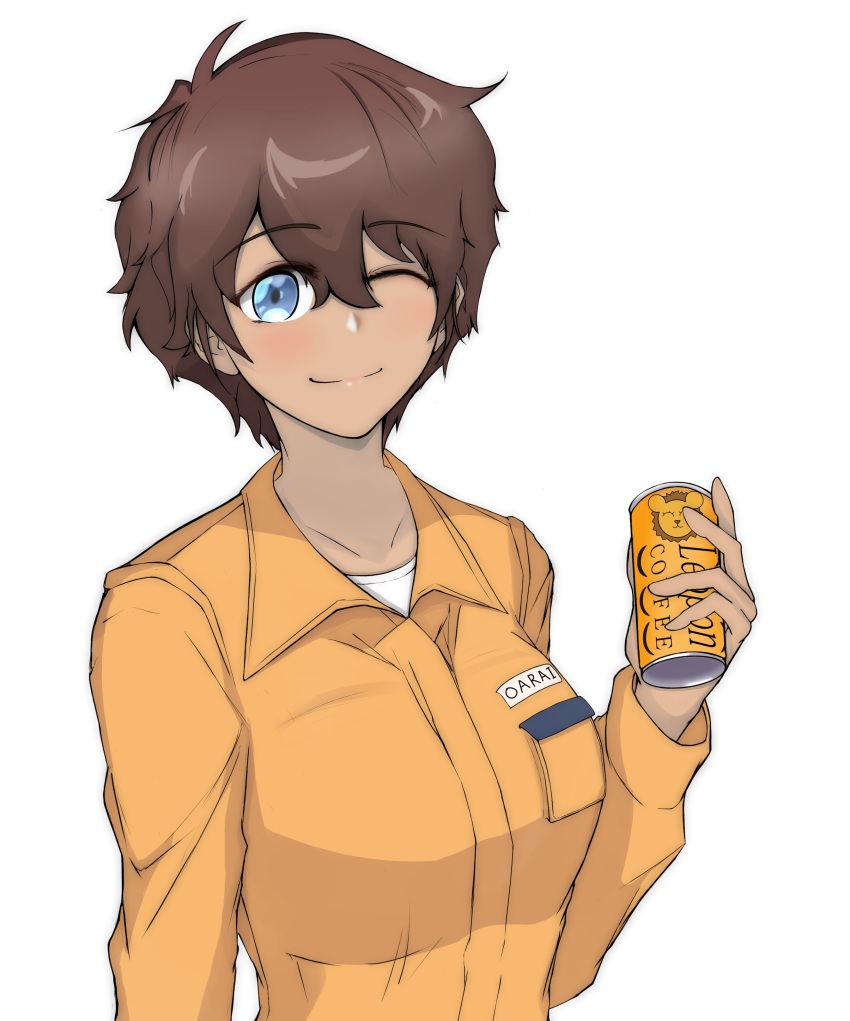 1girl absurdres blue_eyes brown_hair can closed_mouth commentary_request dark-skinned_female dark_skin drink_can girls_und_panzer highres holding holding_can jumpsuit leopon_(animal) long_sleeves looking_at_viewer mechanic one_eye_closed orange_jumpsuit partial_commentary shibainutank shirt short_hair smile soda_can solo suzuki_(girls_und_panzer) uniform upper_body white_shirt