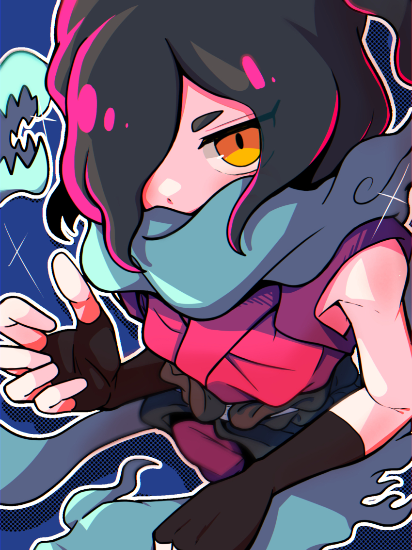 1boy aqua_scarf arm_rest black_gloves black_hair blue_background covered_mouth cowboy_shot drop_shadow fingerless_gloves foreshortening from_above gloves hair_over_one_eye halftone halftone_background hand_up highres jitome kimono_collar male_focus mukkusan orange_eyes orochi_(youkai_watch) outline scarf shirt sleeveless sleeveless_shirt solo white_outline youkai_watch