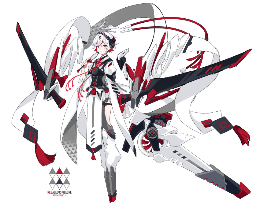 absurdres blush closed_mouth dated english_text floating gradient_clothes grey_background grey_eyes hair_ornament hairclip headphones highres holding holding_sword holding_weapon katana light_blush looking_at_viewer macchoko mecha_danshi multicolored_hair object_request original patterned patterned_clothing red_hair scabbard sheath sheathed signature simple_background sketch standing streaked_hair sword tassel triangle weapon white_hair