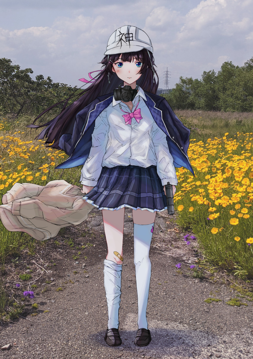 1girl absurdres asymmetrical_legwear bandaid bandaid_on_knee bandaid_on_leg black_hair blazer blush bow bowtie brown_cardigan cardigan cloud cloudy_sky collared_shirt denpa_onna_to_seishun_otoko dorothy_xi expressionless floating_hair flower full_body gun hair_ornament hair_ribbon hairclip handgun hard_hat hat helmet highres holding holding_gun holding_weapon jacket jacket_on_shoulders loafers long_hair long_sleeves looking_at_viewer loose_bowtie mask nijisanji outdoors photo_background pink_bow pink_bowtie pink_ribbon pistol plaid_clothes plaid_skirt pleated_skirt respirator revision ribbon school_uniform shinsei_kamattechan shirt shoes skirt sky solo thighhighs transmission_tower tree tsukino_mito tsukino_mito_(1st_costume) uneven_legwear unworn_cardigan unworn_mask virtual_youtuber weapon