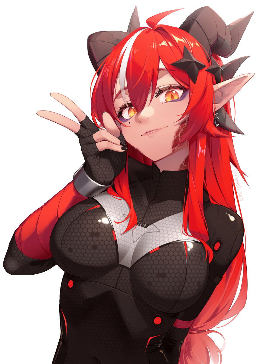 1girl absurdres ahoge black_bodysuit black_gloves bodysuit breasts character_request copyright_request covered_navel dragon dragon_horns fingerless_gloves gloves highres horns long_hair looking_at_viewer medium_breasts multicolored_hair original peesh_san pointy_ears red_hair skin_tight solo standing stomach streaked_hair v very_long_hair white_background white_hair yellow_eyes