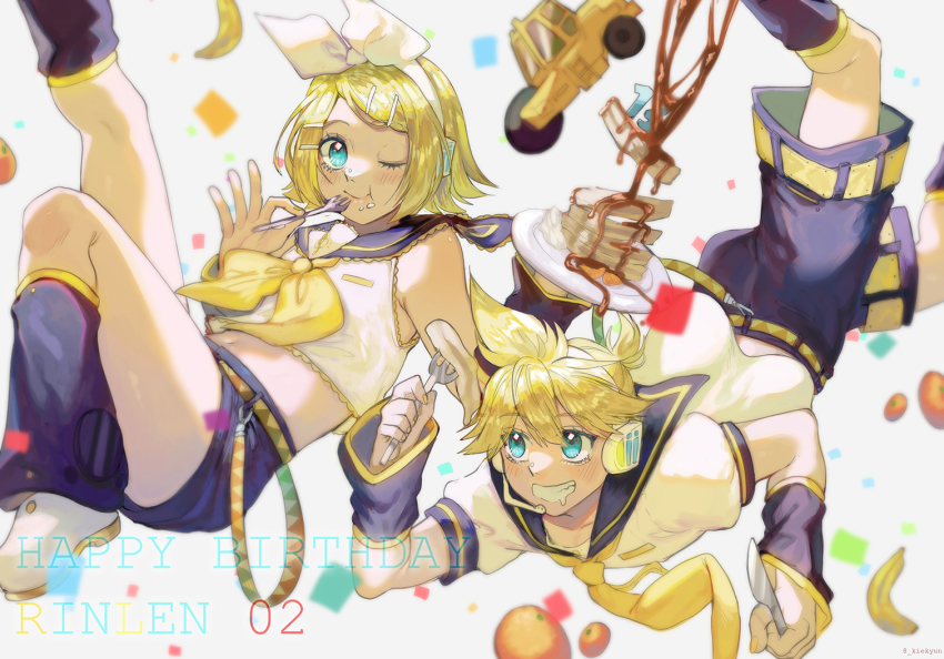 1boy 1girl aqua_eyes arm_warmers banana bass_clef black_collar black_shorts black_sleeves blonde_hair bow character_name collar commentary confetti crop_top drooling eating falling food fork fruit grin hair_bow hair_ornament hairclip happy_birthday headphones holding holding_fork holding_knife kagamine_len kagamine_rin kiekyun knife leg_warmers looking_at_viewer mouth_drool neckerchief necktie one_eye_closed orange_(fruit) pancake plate ponytail sailor_collar school_uniform shirt short_hair short_ponytail short_shorts short_sleeves shorts sleeveless sleeveless_shirt smile spiked_hair steamroller swept_bangs treble_clef vocaloid white_background white_bow white_shirt yellow_neckerchief