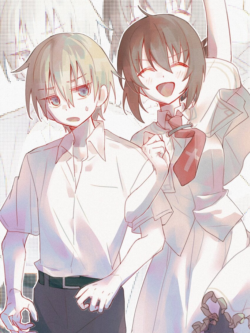 1boy 1girl :d ^_^ arm_hug arm_up belt black_belt blue_eyes blush brown_hair capelet clenched_hand closed_eyes collared_shirt cowboy_shot cross cross_print folded_ponytail frilled_skirt frills frown hair_between_eyes happy highres jitome mamiya_takuji medium_hair necktie open_mouth print_necktie red_necktie shirt short_hair short_sleeves simple_background skirt smile subarashiki_hibi sweatdrop szhr_chise tachibana_kimika v-shaped_eyebrows white_background white_capelet white_shirt white_skirt zoom_layer