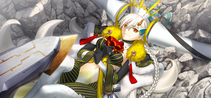 1girl aircraft airship ascot black_gloves braid breasts cape closed_mouth clothing_cutout day detached_horns e-grand_marie earrings fate/grand_order fate_(series) feet_out_of_frame fur-trimmed_cape fur_trim game_cg gloves hair_between_eyes hair_ribbon horns huge_horns jewelry large_variant_set long_hair long_horns looking_at_viewer lying navel official_art olga_marie_animusphere on_back on_ground orange_eyes outdoors red_ascot ribbon rock side_braid smile solo stomach_cutout storm_border striped_bodysuit takeuchi_takashi third-party_source u-olga_marie variant_set very_long_hair white_hair yellow_horns