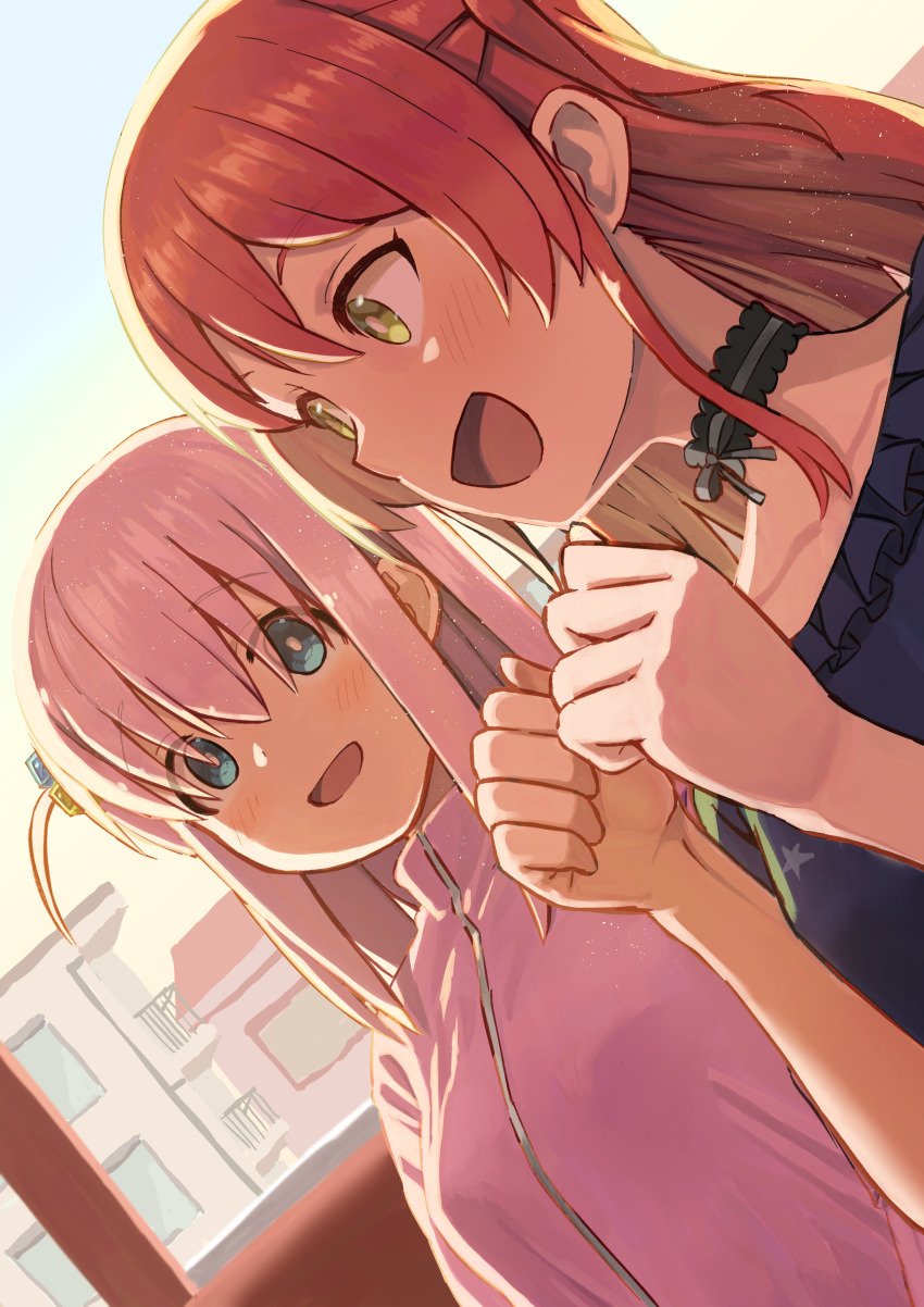 2girls absurdres black_choker blue_dress blue_eyes blush bocchi_the_rock! bow choker collarbone commentary cube_hair_ornament dress frilled_choker frilled_dress frills gotoh_hitori green_eyes grey_bow hair_between_eyes hair_ornament highres kita_ikuyo long_hair multiple_girls one_side_up open_mouth pink_hair pink_track_suit red_hair sidelocks toraneko track_suit