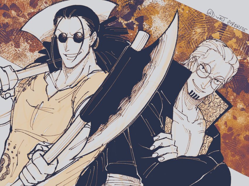 2boys axe commentary_request crossed_arms facial_hair glasses goatee greyscale hair_slicked_back high_collar highres holding holding_axe holding_weapon looking_at_viewer male_focus monochrome multiple_boys one_piece ponytail round_eyewear scar scar_across_eye scar_on_face scopper_gaban silvers_rayleigh smile sunglasses tagawa_jiro twitter_username weapon