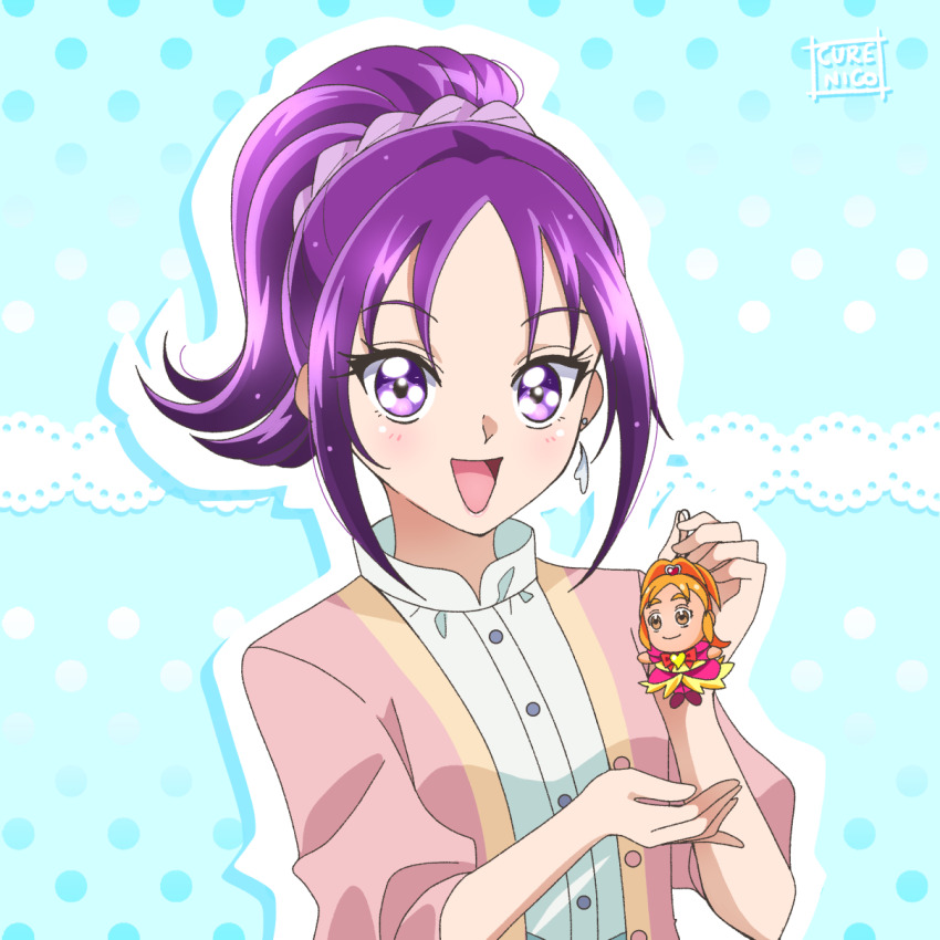 1girl artist_name blouse blush character_doll commentary cure_bloom cure_nico doll earrings futari_wa_precure_splash_star highres holding holding_doll hyuuga_saki jacket jewelry kibou_no_chikara_otona_precure_&#039;23 long_hair mishou_mai open_clothes open_jacket open_mouth pink_jacket ponytail precure purple_eyes purple_hair purple_scrunchie scrunchie shirt smile solo upper_body white_shirt wing_earrings