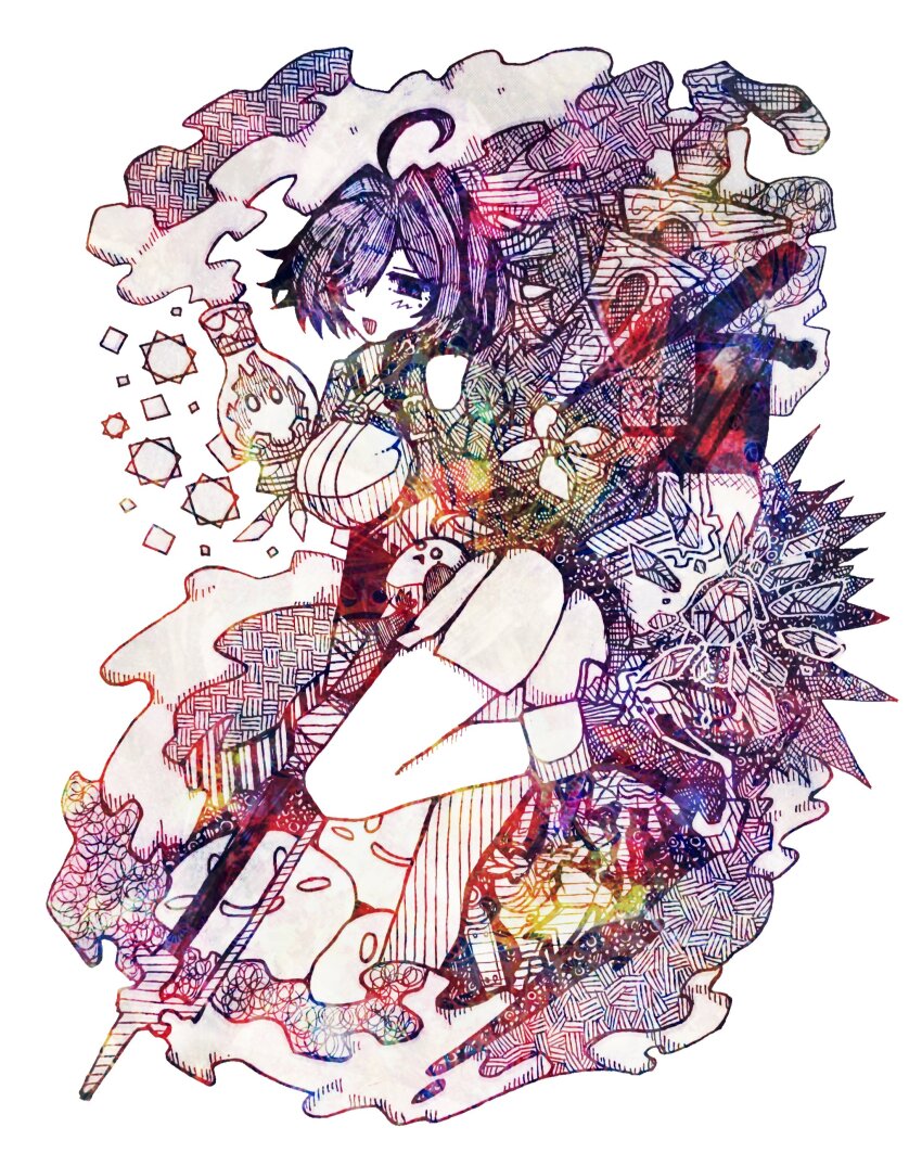 1girl :d absurdres ahoge atelier_(series) atelier_yumia black_hair breasts dress hair_over_one_eye hashtag-only_commentary highres holding holding_staff kanezuru-kun large_breasts medium_hair mole mole_under_eye open_mouth parted_bangs pencil_dress puni_(atelier) short_dress smile solo staff standing standing_on_one_leg stuffed_animal stuffed_bird stuffed_toy white_background yumia_liessfeldt