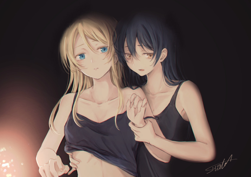 2girls arm_grab ayase_eli black_tank_top blonde_hair blue_eyes blue_hair blush clothes_lift commentary_request grabbing_from_behind highres holding_another&#039;s_wrist lifting_another&#039;s_clothes long_hair love_live! love_live!_school_idol_project multiple_girls shirt_lift sonoda_umi suito swept_bangs tank_top yellow_eyes yuri
