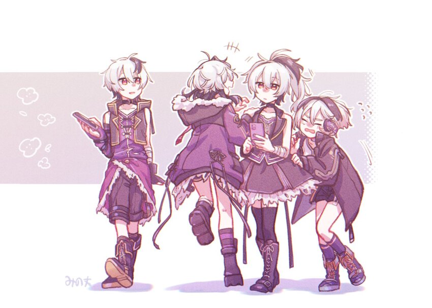 1girl androgynous arm_warmers back bandaged_arm bandages bare_shoulders belt_collar black_gloves black_thighhighs cellphone ci_flower closed_eyes coat collar collarbone flower_(gynoid_talk) flower_(vocaloid) flower_(vocaloid3) flower_(vocaloid4) flying_sweatdrops frilled_skirt frills fur-trimmed_coat fur_trim gloves gynoid_talk hair_between_eyes headphones holding holding_phone hood hood_down hoodie jacket long_hair looking_at_another mi_no_take multicolored_hair open_clothes open_jacket open_mouth outline phone ponytail purple_collar purple_eyes purple_footwear purple_gloves purple_hair purple_headphones purple_jacket purple_ribbon purple_shirt purple_shorts purple_skirt ribbon shirt short_hair shorts single_arm_warmer skirt sleeveless sleeveless_hoodie smartphone streaked_hair tears thighhighs tomboy variations vocaloid white_hair white_outline
