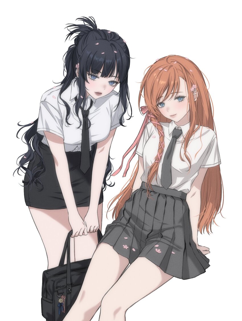 2girls arm_support bag bag_charm black_hair black_skirt blue_eyes braid charm_(object) closed_mouth final_fantasy final_fantasy_xiv flower folded_ponytail gaia_(ff14) grey_necktie grey_skirt hair_flower hair_ornament hair_ribbon high-waist_skirt highres holding holding_bag invisible_chair leaning_forward lipstick looking_at_viewer makeup miniskirt multiple_girls necktie nyan_nyai orange_hair pencil_skirt pink_ribbon pleated_skirt ribbon ryne_waters school_bag school_uniform shirt short_sleeves simple_background sitting skirt smile standing white_background white_shirt