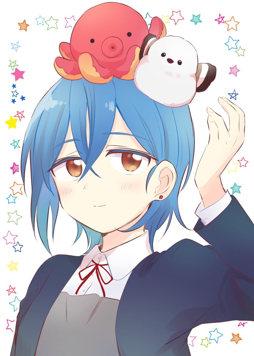 1girl blue_hair blue_jacket blush brown_eyes collared_shirt earrings hair_behind_ear hair_between_eyes highres jacket jewelry looking_up love_live! love_live!_superstar!! mame_mochiko portrait shirt short_hair smile solo star_(symbol) stuffed_animal stuffed_octopus stuffed_toy wakana_shiki