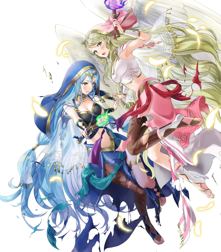 2girls azura_(fire_emblem) azura_(hatari)_(fire_emblem) blonde_hair blue_eyes breasts capelet detached_collar dress feathered_wings fire fire_emblem fire_emblem:_radiant_dawn fire_emblem_fates fire_emblem_heroes full_body gold_trim green_eyes habit highres holding jewelry kaya8 leanne_(fire_emblem) leanne_(hatari)_(fire_emblem) long_hair medium_breasts midriff multiple_girls navel necklace nintendo non-web_source official_art pantyhose see-through_clothes stomach toes torch torn_clothes transparent_background very_long_hair wings yellow_eyes