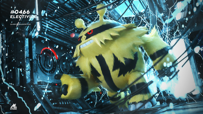 3d antennae artist_name black_fur cable celebi350300687 character_name cinema_4d_(medium) electivire electricity full_body gen_4_pokemon highres indoors machinery nintendo nostrils pokedex_number pokemon pokemon_(creature) pokemon_focus red_eyes solo teeth yellow_fur