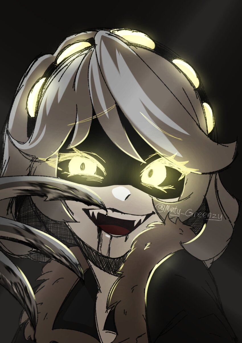 1girl android animification black_jacket fang grey_hair hairband highres humanoid_robot jacket looking_at_viewer mechanical_arms minty_greenzy murder_drones open_mouth robot short_hair short_sleeves smile v_(murder_drones) white_hair yellow_eyes