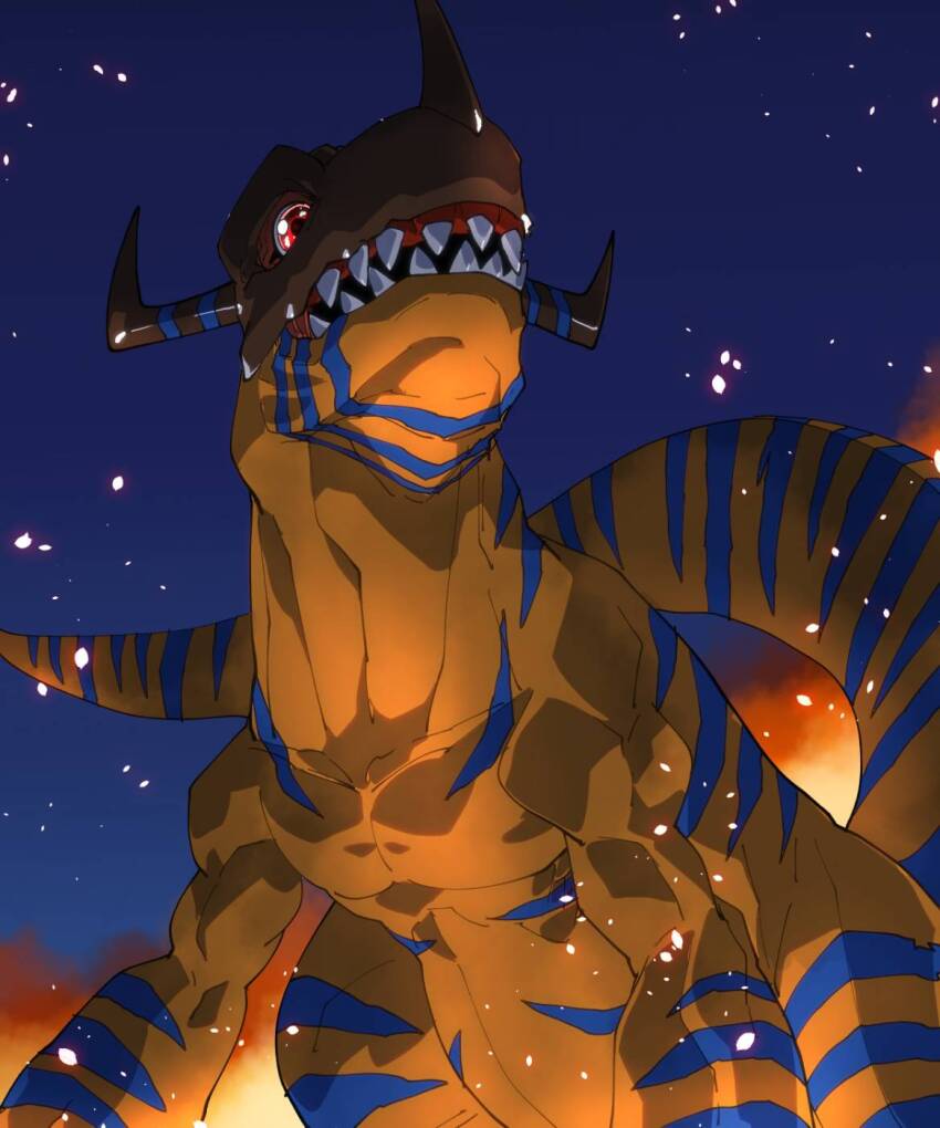 amakawa_mayu blue_background digimon digimon_(creature) dinosaur fire from_below greymon highres horns no_humans orange_scales red_eyes sharp_teeth solo teeth