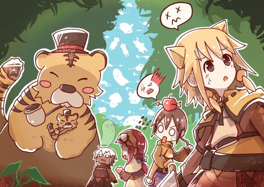 2boys 2girls absurdres acolyte_(ragnarok_online) apple apple_on_head archer_(ragnarok_online) arrow_through_apple belt black_belt black_headwear blonde_hair blue_bow bow bow_(weapon) brown_capelet brown_dress brown_gloves brown_hair brown_shirt brown_shorts brown_skirt capelet cloud commentary_request cowboy_shot day dress eddga flying_sweatdrops food forest fruit giving_up_the_ghost gloom_(expression) gloves goggles goggles_on_head hair_bow hat highres holding holding_bow_(weapon) holding_sword holding_weapon long_hair long_sleeves low_ponytail lunatic_(ragnarok_online) multiple_boys multiple_girls muneate nature open_mouth outdoors pipe_in_mouth ponytail poring ragnarok_online red_hair rune_caestus shirt short_hair shorts skirt smoking_pipe spore_(ragnarok_online) surprised sword swordsman_(ragnarok_online) thief_(ragnarok_online) tiger top_hat weapon whisper_(ragnarok_online) white_hair