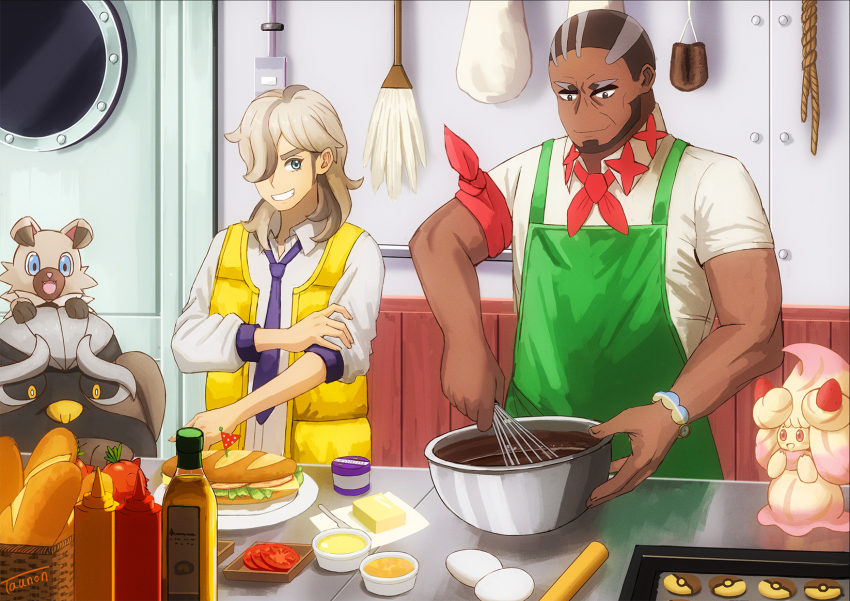 2boys alcremie alcremie_(strawberry_sweet) apron arm_ribbon arven_(pokemon) baking_sheet beard bottle bowl bracelet bread brown_hair butter closed_mouth collared_shirt commentary_request cooking dark-skinned_male dark_skin door egg facial_hair flag food gen_7_pokemon gen_8_pokemon green_apron grin hair_over_one_eye highres holding holding_whisk indoors jewelry long_hair looking_down mabosstiff male_focus multiple_boys murdock_(pokemon) necktie nintendo pokemon pokemon_(anime) pokemon_(creature) pokemon_horizons ribbon rockruff sandwich shirt short_hair short_sleeves skewer smile tau_(tau_1111) teeth tomato tomato_slice vest whisk yellow_vest