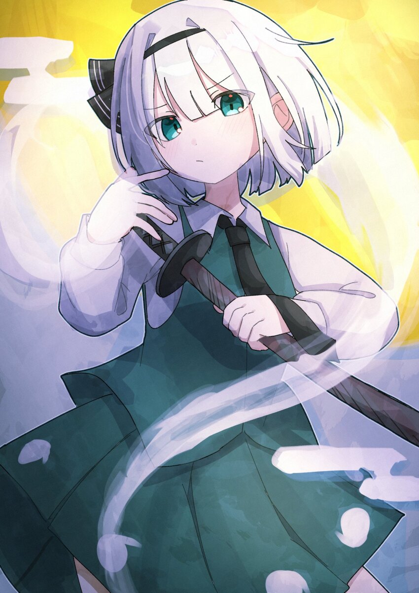 1girl black_hairband black_necktie closed_mouth collared_shirt commentary green_eyes green_skirt green_vest grey_hair hairband highres hitodama hitodama_print holding holding_sword holding_weapon katana konpaku_youmu konpaku_youmu_(ghost) light_blush light_frown looking_at_viewer necktie pleated_skirt sheath sheathed shirt skirt skirt_set solo sword touhou vest weapon white_shirt yuzupon_(yuzuponpon)