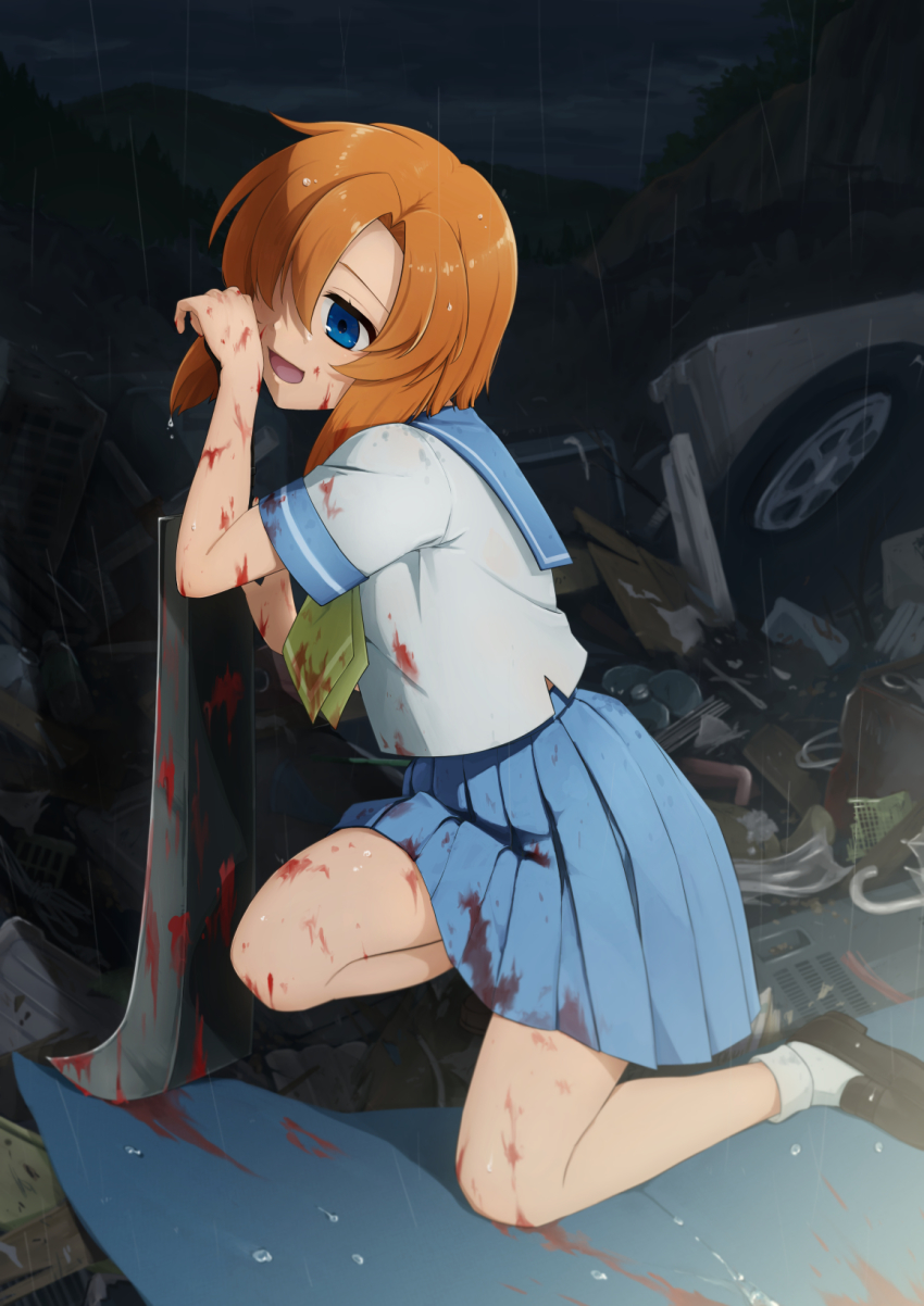 1girl :d asuka_gin black_footwear blood blood_on_clothes blood_on_face bloody_weapon blue_eyes blue_sailor_collar blue_skirt brown_hair hair_over_eyes hatchet highres higurashi_no_naku_koro_ni holding holding_weapon medium_hair miniskirt nata_(tool) neckerchief on_one_knee open_mouth pleated_skirt rain ryuuguu_rena sailor_collar school_uniform serafuku shirt short_sleeves skirt smile socks solo weapon white_shirt white_socks yellow_neckerchief