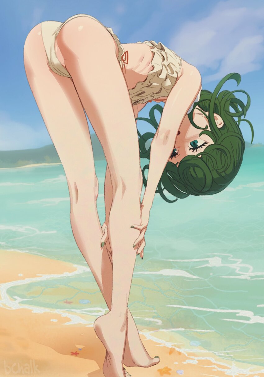 1girl absurdres ass barefoot beach bent_over bikini blue_sky butterchalk cloud curly_hair day frilled_bikini frills green_eyes green_hair highres ocean one-punch_man outdoors ribs short_hair sky standing swimsuit tatsumaki white_bikini