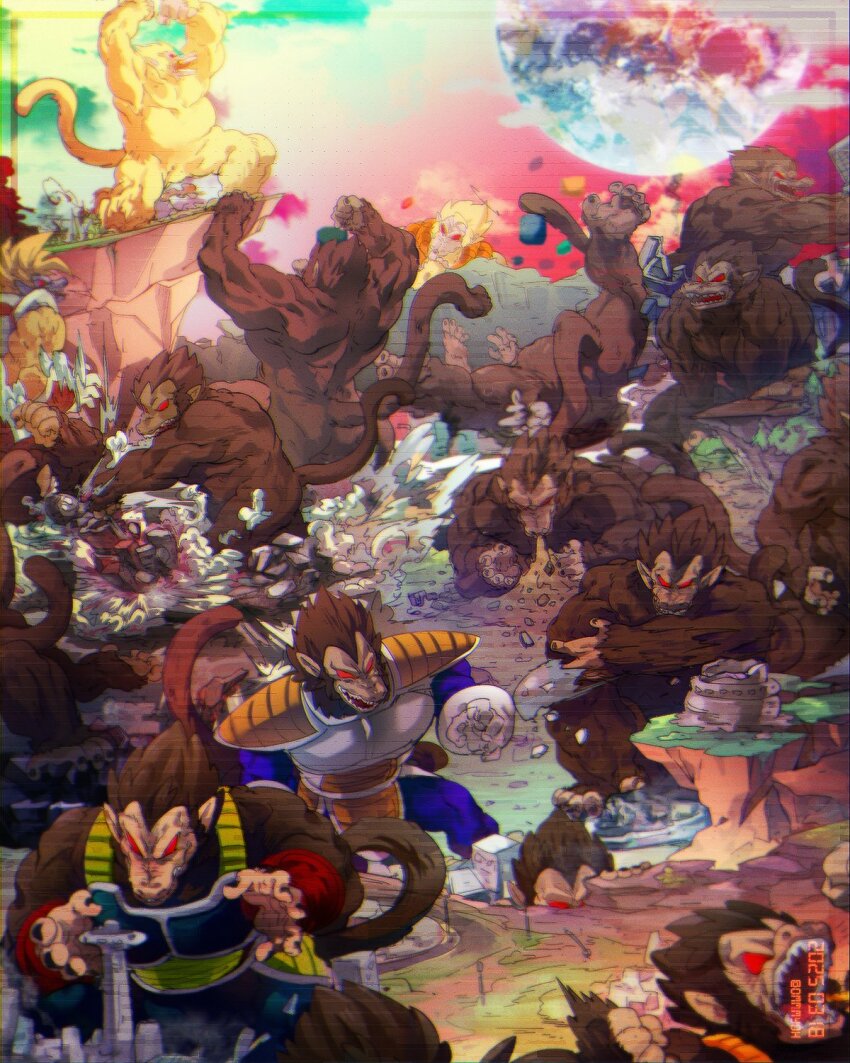 6+boys baby_(dragon_ball) baby_vegeta bardock blonde_hair body_fur dougi dragon_ball dragon_ball_gt dragonball_z gogeta golden_oozaru highres monkey_boy monkey_tail multiple_boys muscular muscular_male ommmyoh oozaru open_mouth pants red_eyes saiyan saiyan_armor sharp_teeth son_goku spiked_hair tail teeth vegeta