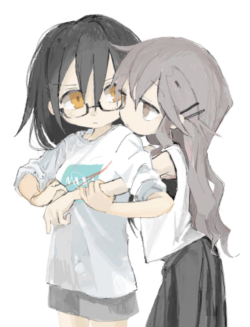 2girls agoshi_sakina arched_back behind_another black_hair black_skirt black_undershirt brown_eyes closed_mouth eye_contact fish_hair_ornament frown glasses grey_hair grey_shorts hair_ornament highres hitonatz holding_another&#039;s_arm hug hug_from_behind light_blush logo long_hair looking_at_another multiple_girls nasa_logo null-meta print_shirt shirt shorts simple_background sketch skirt sleeveless sleeveless_shirt sleeves_pushed_up souen_chiaki v-shaped_eyebrows white_background yellow_eyes