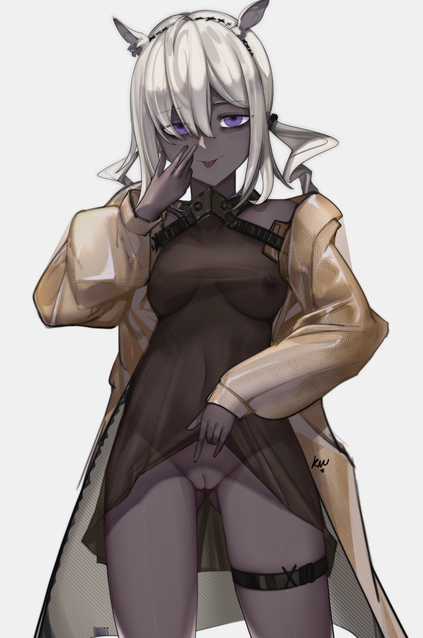 absurdres animal_ears arknights bags_under_eyes breasts camel_ears camel_girl clothes_lift coat commentary_request dark-skinned_female dark_skin dress dress_lift highres lifting_own_clothes long_hair long_sleeves looking_at_viewer mask mask_around_neck medium_breasts nipples no_bra no_panties purple_eyes pussy scdz2344 see-through_clothes see-through_dress solo thigh_strap tongue tongue_out tuye_(arknights) very_dark_skin white_background white_hair yellow_coat
