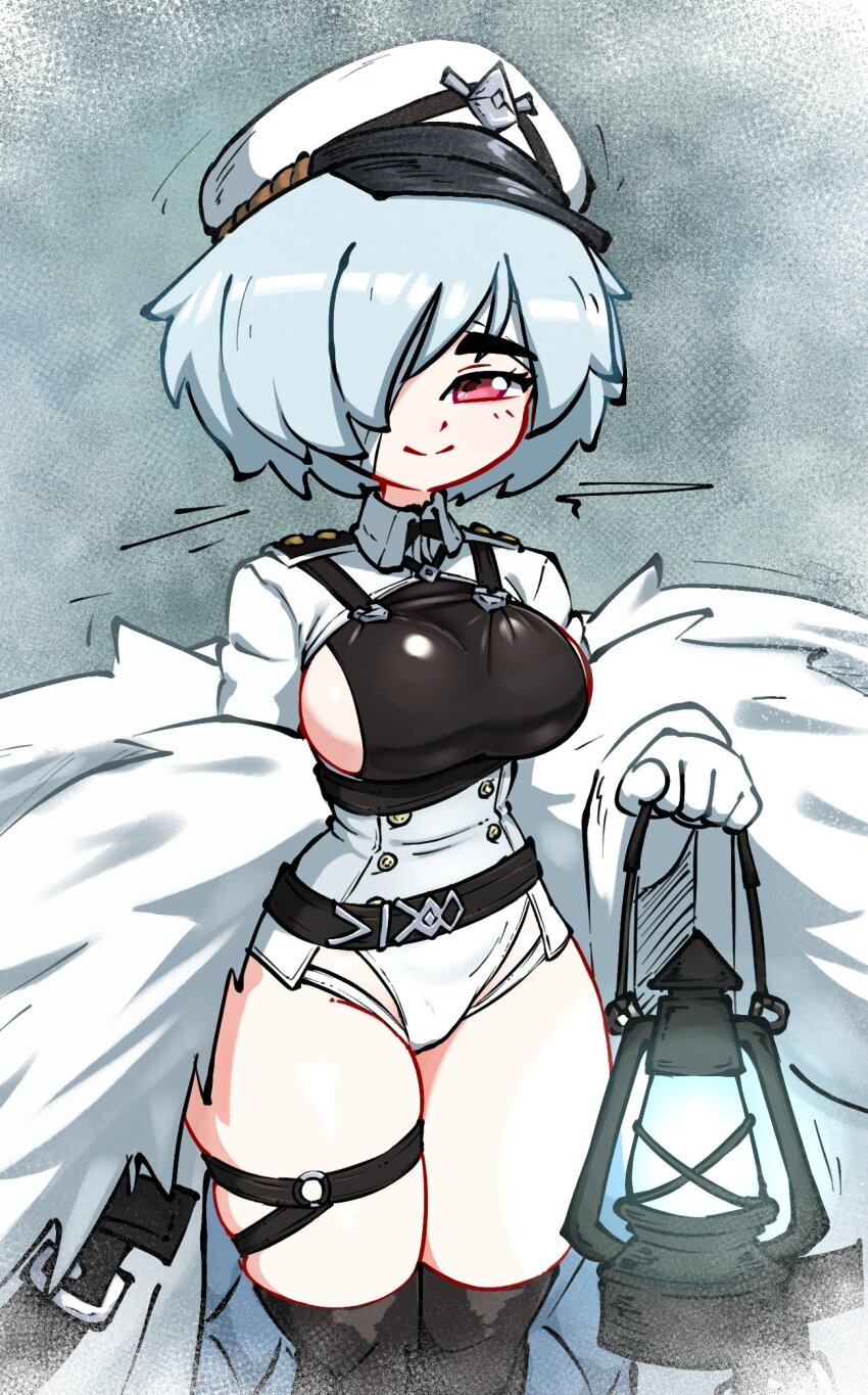 1girl :&gt; azur_lane bandaged_head bandages black_boots blue_hair boots breasts closed_mouth coat commission framed_breasts fur-trimmed_coat fur_trim gloves hair_over_one_eye hat highres holding holding_lantern jellot knee_boots kuybyshev_(azur_lane) lantern large_breasts leotard looking_at_viewer medium_breasts peaked_cap red_eyes short_hair sideboob skindentation solo thick_thighs thigh_strap thighs white_coat white_gloves white_hat white_leotard