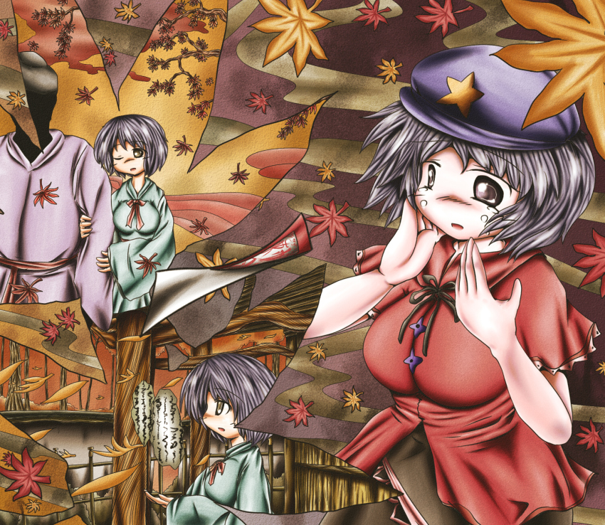 1boy 1girl autumn_leaves blouse breasts commentary_request faceless faceless_male grey_eyes hands_on_own_face hat highres holding_another&#039;s_arm inset japanese_clothes kimono leaf light_purple_hair maple_leaf miyako_yoshika miyako_yoshika_(living) multicolored_background ofuda ofuda_removed one_eye_closed parted_lips purple_eyes shirt short_hair skirt star_(symbol) tears touhou wink ys_(ytoskyoku-57)