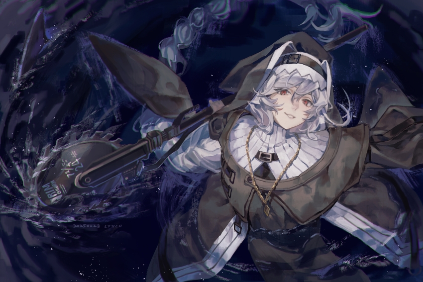 1girl arknights black_hat black_jacket circular_saw coif from_above grey_hair hair_between_eyes hat highres holding jacket jewelry lengdong_shui_xi_chong long_hair long_sleeves looking_at_viewer necklace nun parted_lips partially_submerged pointy_hat red_eyes saw shirt smile solo specter_(arknights) water white_shirt